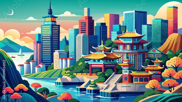 Fototapeta Busan, South Korea – Beaches, skyscrapers, and temples on cliff sides create a city of contrasts, perfect for a vibrant and layered vector illustration.