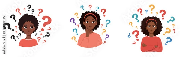 Obraz Young black woman expressing confusion and curiosity with questions, white background, isolated, vector, set  