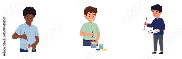 Obraz Boy engaging in painting and crafting with colorful supplies, white background, isolated, vector, set  