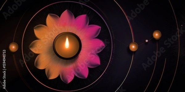 Fototapeta A vibrant digital illustration of a lotus flower with a candle at its center, surrounded by glowing orbs and circular lines, symbolizing peace and spirituality.
