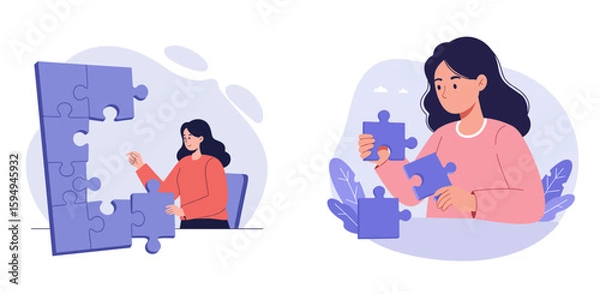 Obraz Woman assembling puzzle pieces while sitting at a table indoors, vector, set