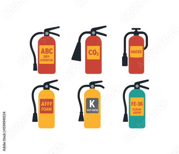 Fototapeta Six types of fire extinguishers: abc dry chemical, co2, water, afff foam, k wet-chem, fe-36 clean agent