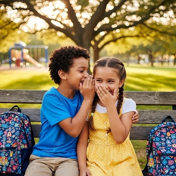 Obraz Two Diverse School Kids Whispering Secrets and Laughing on a Park Bench

