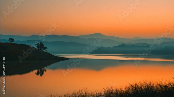 Obraz Orange Glow Across Mirror-Finish Lake as Thin Mist Rises in Layered Hills - beautiful image, nature view, real look