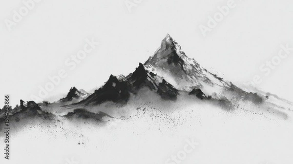 Fototapeta Calligraphic mountain range with single stroke, ink thinning to mist at valley's edge. Essence of peak.