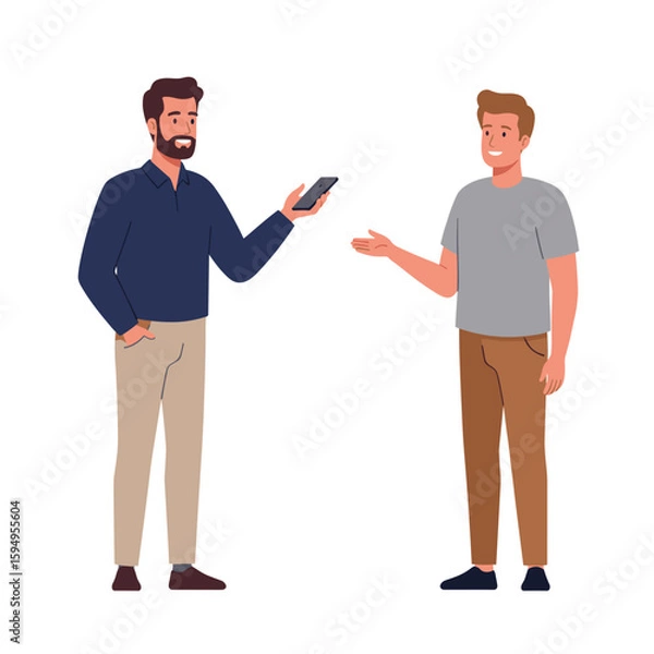 Obraz Two men talking and making recommendations while standing indoors, white background, isolated, vector 