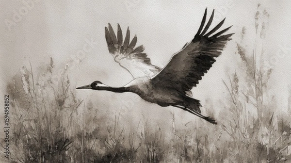 Fototapeta Crane taking flight from ink-wash reeds, feathers suggested by dry-brush whispers. Ephemeral moment in monochrome.