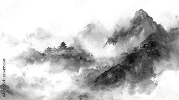 Fototapeta Distant temple roof peeks through mountain fog, ink washes dissolving peaks into nothingness. Haiku of mist and stone.