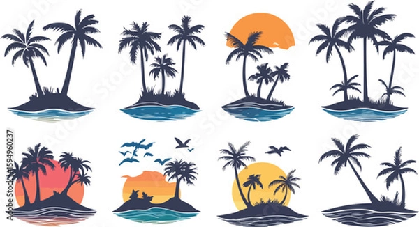 Fototapeta Tropical Island Silhouettes with Palm Trees and Sunsets for Summer Vacation