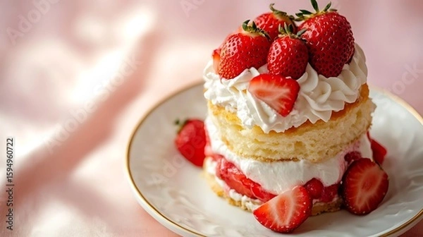 Fototapeta Strawberry Shortcake with Whipped Cream Topping