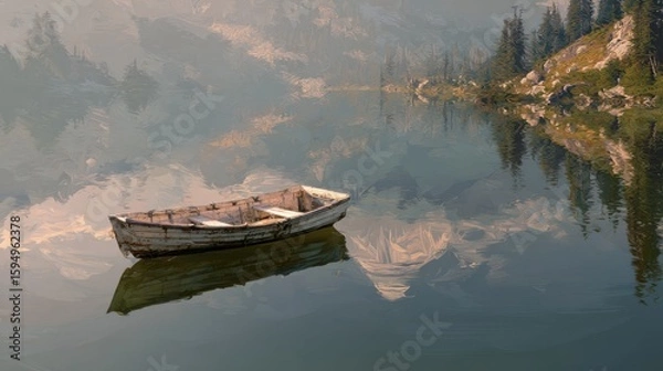 Fototapeta Empty boat adrift on ink-pool lake, mountains reflected in broken brushstrokes. Quietude of abandonment.