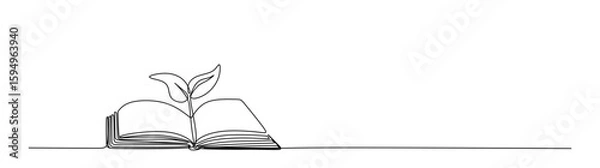 Obraz Drawing of an open book with a plant sprout in one continuous line. Symbol of education  reading and writing in one line style . 