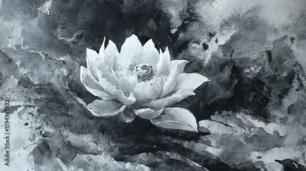 Fototapeta Lotus rising from ink-black pond, petals unfolding through layered grey washes. Enlightenment emerging.