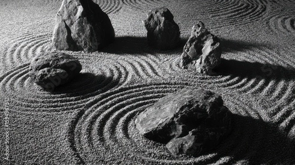 Fototapeta Rock garden stones as ink blots, raked gravel flowing like river currents around them. Mindscape in monochrome.