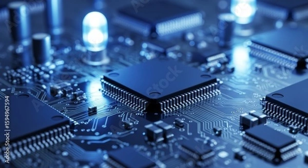 Fototapeta A macro shot of microchips and integrated circuits densely packed on a printed circuit board (PCB), dramatically illuminated by cool blue LED lights, symbolizing advanced technology and computing.