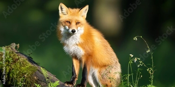 Fototapeta A red fox sits alertly in the forest, its orange fur contrasting with the green foliage