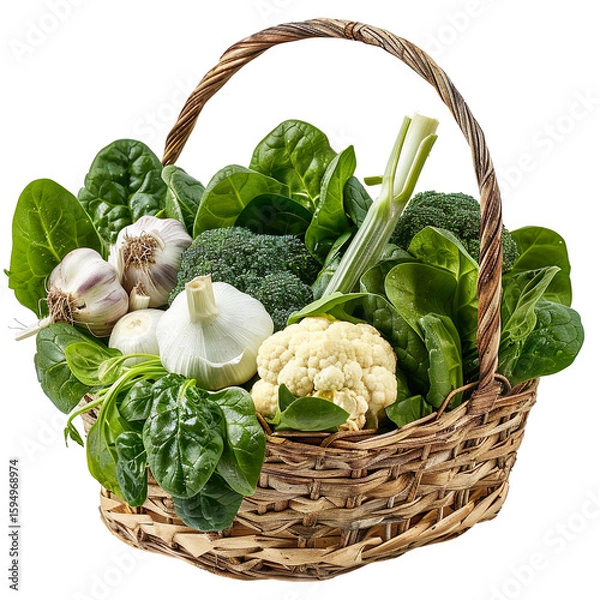 Fototapeta Woven basket overflowing with fresh green vegetables and garlic isolated on transparent background