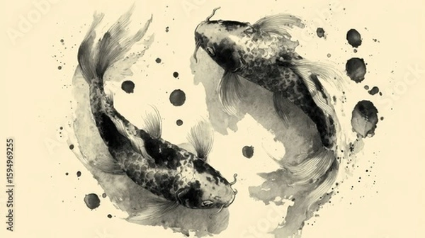 Fototapeta Swirling koi fish in a void of negative space, ink droplets blooming like submerged blossoms. Fluid motion meets calm abstraction.