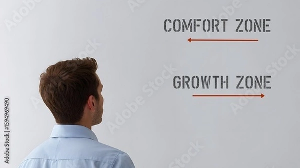 Fototapeta Man standing at wall with directions to COMFORT ZONE or GROWTH ZONE , concept of making decision to stay in comfort zone or step out taking risk and learn to grow