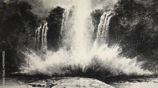 Fototapeta Waterfall as vertical ink explosion, spray dissolving into rice paper grain. Raw energy meets empty space.