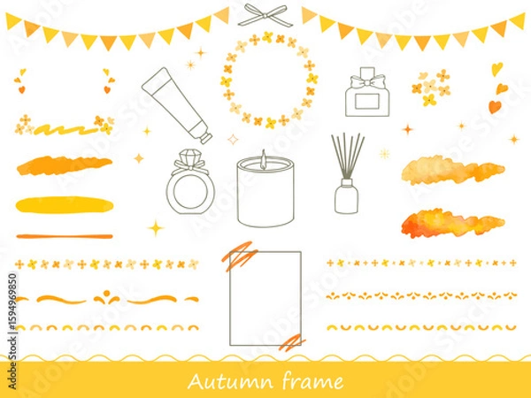 Obraz 金木犀の香りがしそうな秋の水彩風フレームやあしらいのイラスト素材セット