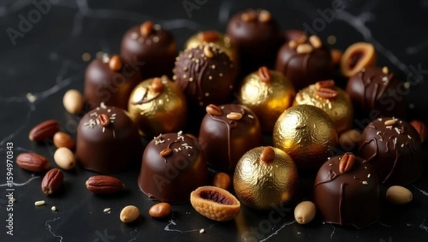 Obraz Gourmet Chocolate Praline Set with Golden Wrappers – Premium Dessert Collection