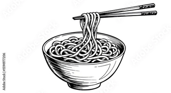 Fototapeta Black and White Illustration of Noodle Bowl with Chopsticks in Vintage Style
