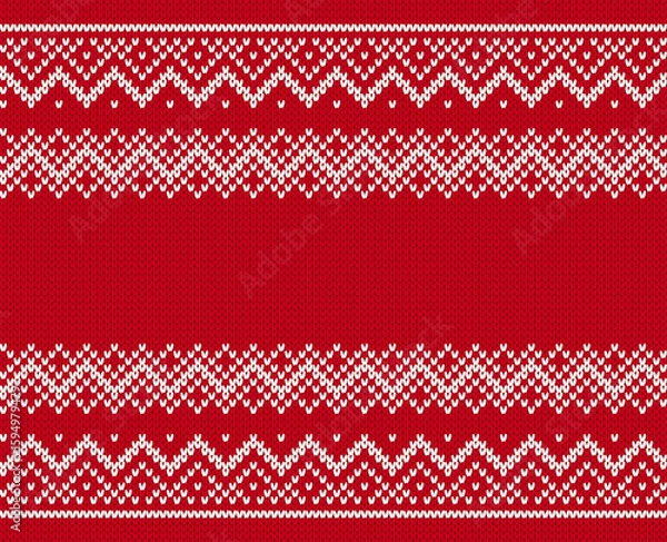 Fototapeta Ornament on knit seamless pattern. Xmas print. Christmas red knitted texture with snowflakes border. Holiday background. Fair isle traditional ornament. Festive sweater. Vector illustration.