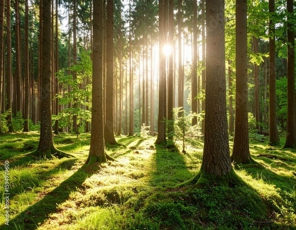Fototapeta Sunlight streams through a tranquil forest with tall trees and lush green moss groundcover