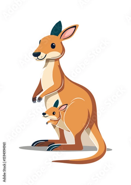 Fototapeta Flat Vector Illustration of a Cute Cartoon Kangaroo with Joey