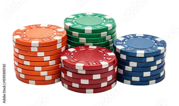 Fototapeta Colorful stacks of poker chips in red green blue and orange
