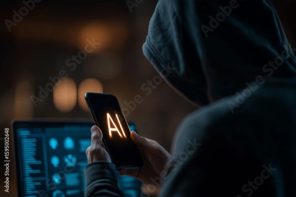 Fototapeta A hooded figure uses a phone and laptop in a dark setting, highlighting phishing alerts and AI-based threats. 