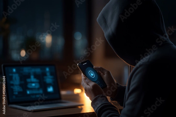 Fototapeta A hooded figure uses a phone and laptop in a dark setting, highlighting phishing alerts and AI-based threats. 