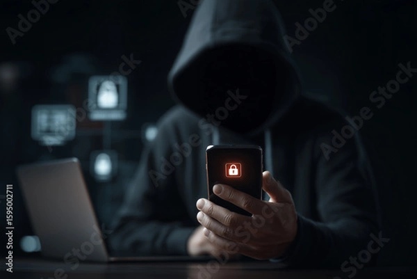 Fototapeta A hooded figure uses a phone and laptop in a dark setting, highlighting phishing alerts and AI-based threats. 