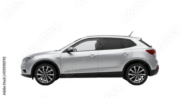 Fototapeta Silver compact suv, new, sleek lines, dark tinted windows, alloy wheels, perfect side view on a transparent studio background with professional lighting and no shadows, concept for vehicle advertising