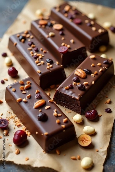 Fototapeta Flat Lay of Artisan Chocolate Bar with Berries and Nuts – Gourmet Dessert Layout