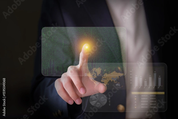 Fototapeta Corporate professionals crafting an AI prompt on a digital device, perfect for innovation, future tech, artificial intelligence training, language models, and smart assistants.d