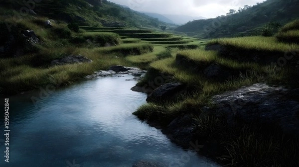 Fototapeta Terraced rice fields flowing into a tranquil stream in the hills