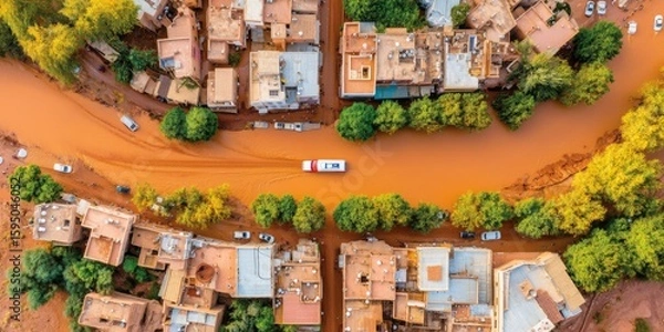 Fototapeta Flood response operations urban area aerial view natural disaster community resilience emergency management