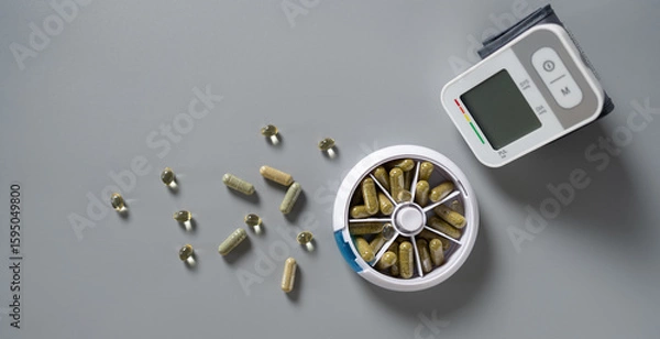 Fototapeta Health monitoring with dietary supplements and blood pressure device on a minimalist gray surface