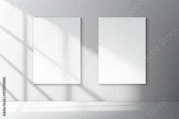 Fototapeta Realistic vector mockup of two white vertical A4 posters with soft shadows of window inside empty minimalistic interior. Print or product presentation template