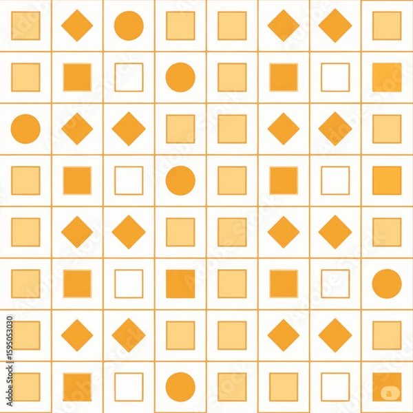 Fototapeta Clean seamless geometric grid pattern with alternating circles, squares, and diamonds in warm orange tones on a white background.