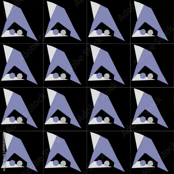 Fototapeta Abstract seamless pattern with repeating geometric shapes resembling stylized faces or futuristic elements in blue-grey and white on black.