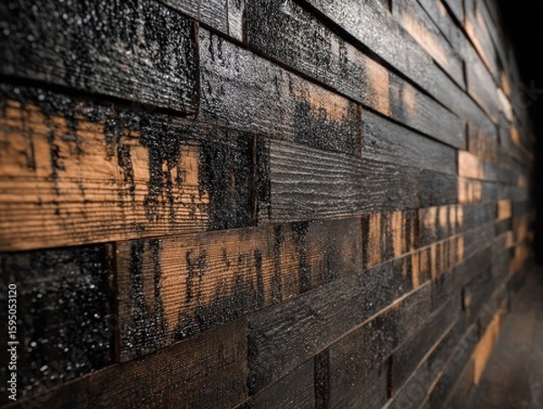 Obraz Industrial style maple wood paneling with charred surface treatment and dramatic black caramel contrast, ash texture details for luxury tablet UI backgrounds and architectural decor mockups

