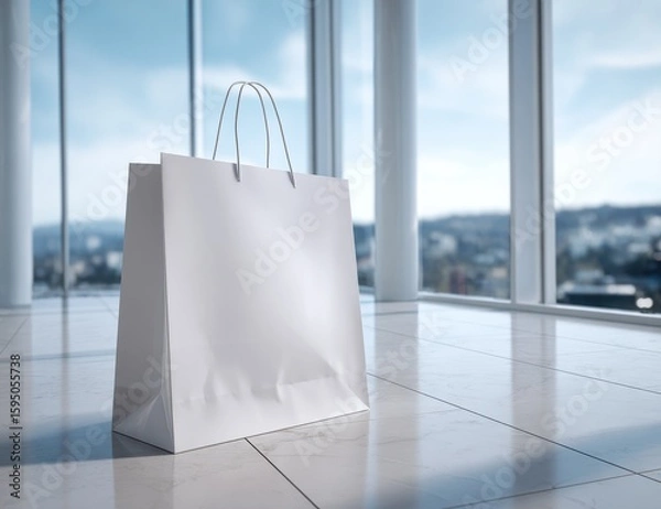 Obraz White paper shopping bag on modern office floor with panoramic windows and clean walls, minimalist scene with text area for home goods advertising and e-commerce mockups
