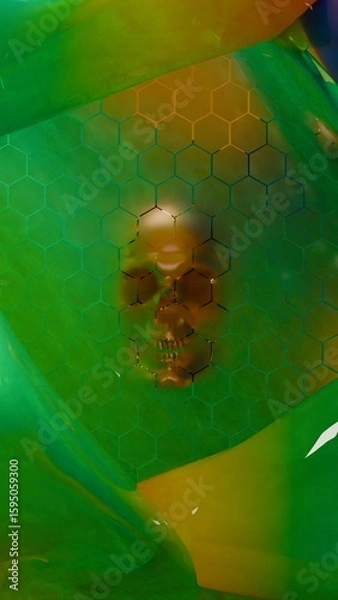 Fototapeta Human skull visible through hexagon grid with green liquid surface background