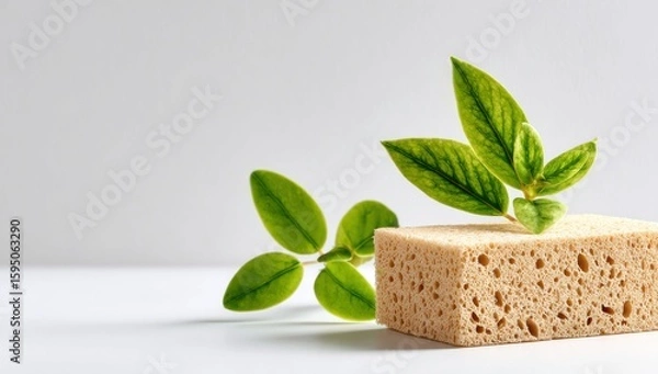 Obraz Beige rectangular sponge and green leaf on white background with text space, eco-friendly natural cleaning concept for sustainable product packaging mockups
