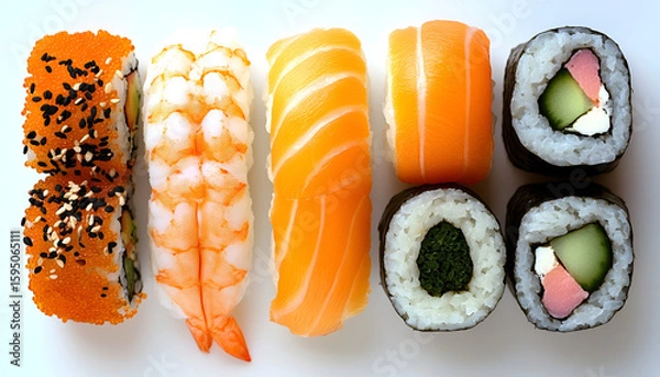 Fototapeta An overhead shot of an arrangement of assorted sushi rolls, including California rolls, shrimp nigiri, and salmon nigiri, on a white background.