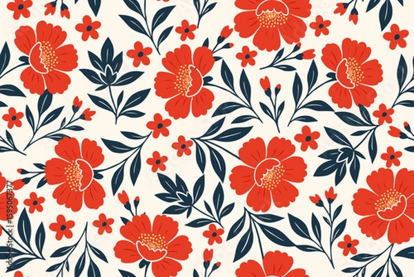 Fototapeta Seamless floral pattern with bold red flowers, navy blue leaves, and cream background. Elegant botanical design, perfect for textiles and wallpapers.
