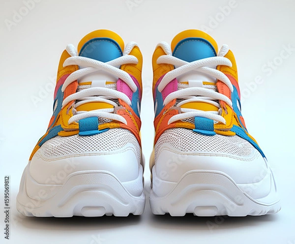 Fototapeta A front-facing view of a pair of colorful, modern sneakers with white mesh and laces, accented with yellow, orange, blue, and pink details.